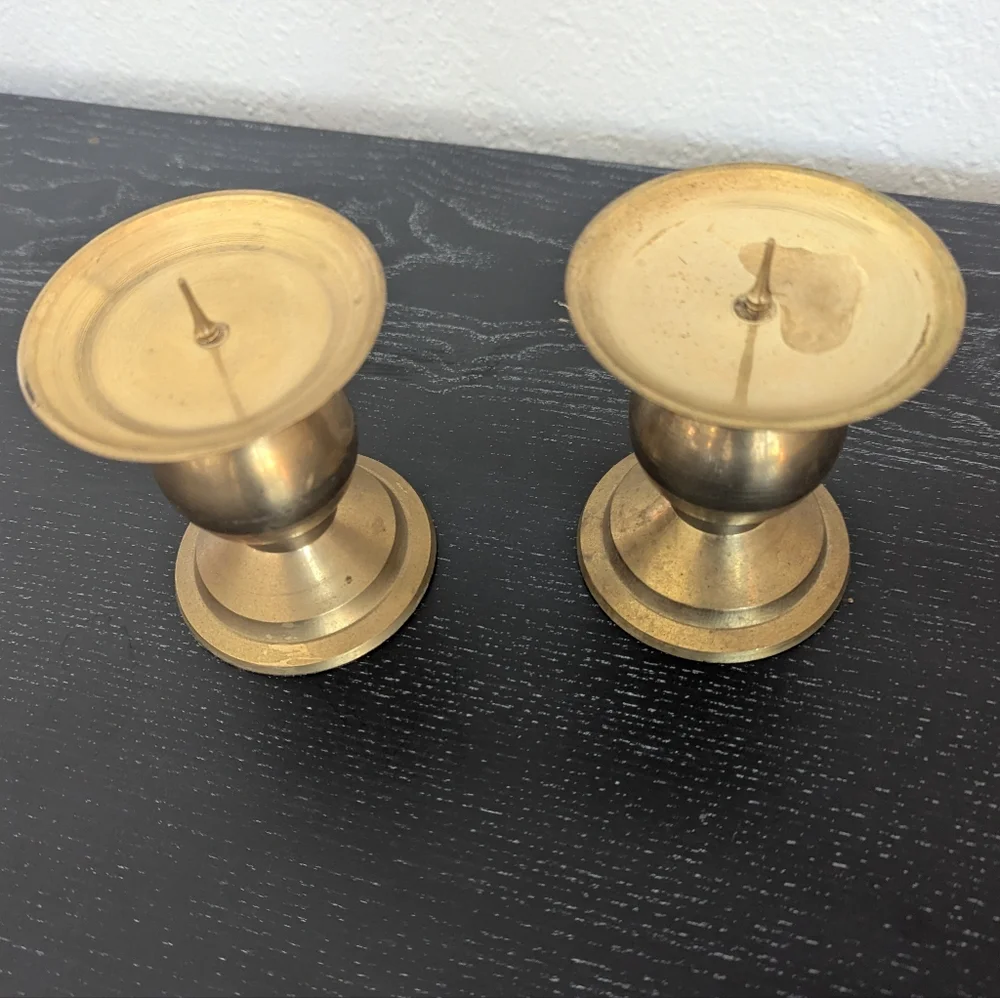 Set Of 2 Vintage Brass Pillar Candle Holders Ball Stem 3.75" - Picture 2 of 9